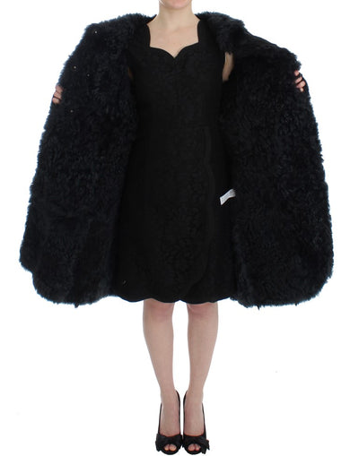 Dolce & Gabbana Schwarzer Ziegenpelz Shearling Lange Jacke Mantel