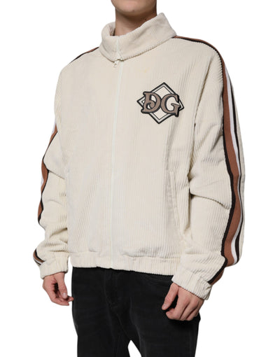 Dolce & Gabbana Beige Logo-Applikation Baumwoll-Cordjacke mit Reißverschluss