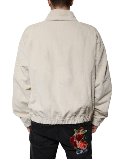 Dolce & Gabbana Beige Logo-Applikation Baumwoll-Cordjacke mit Reißverschluss