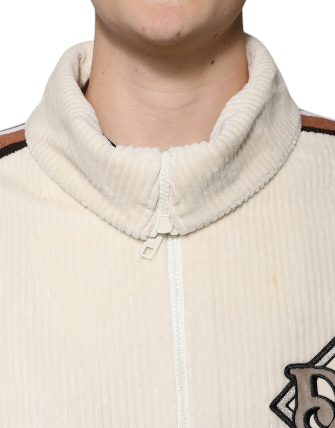 Dolce & Gabbana Beige Logo-Applikation Baumwoll-Cordjacke mit Reißverschluss