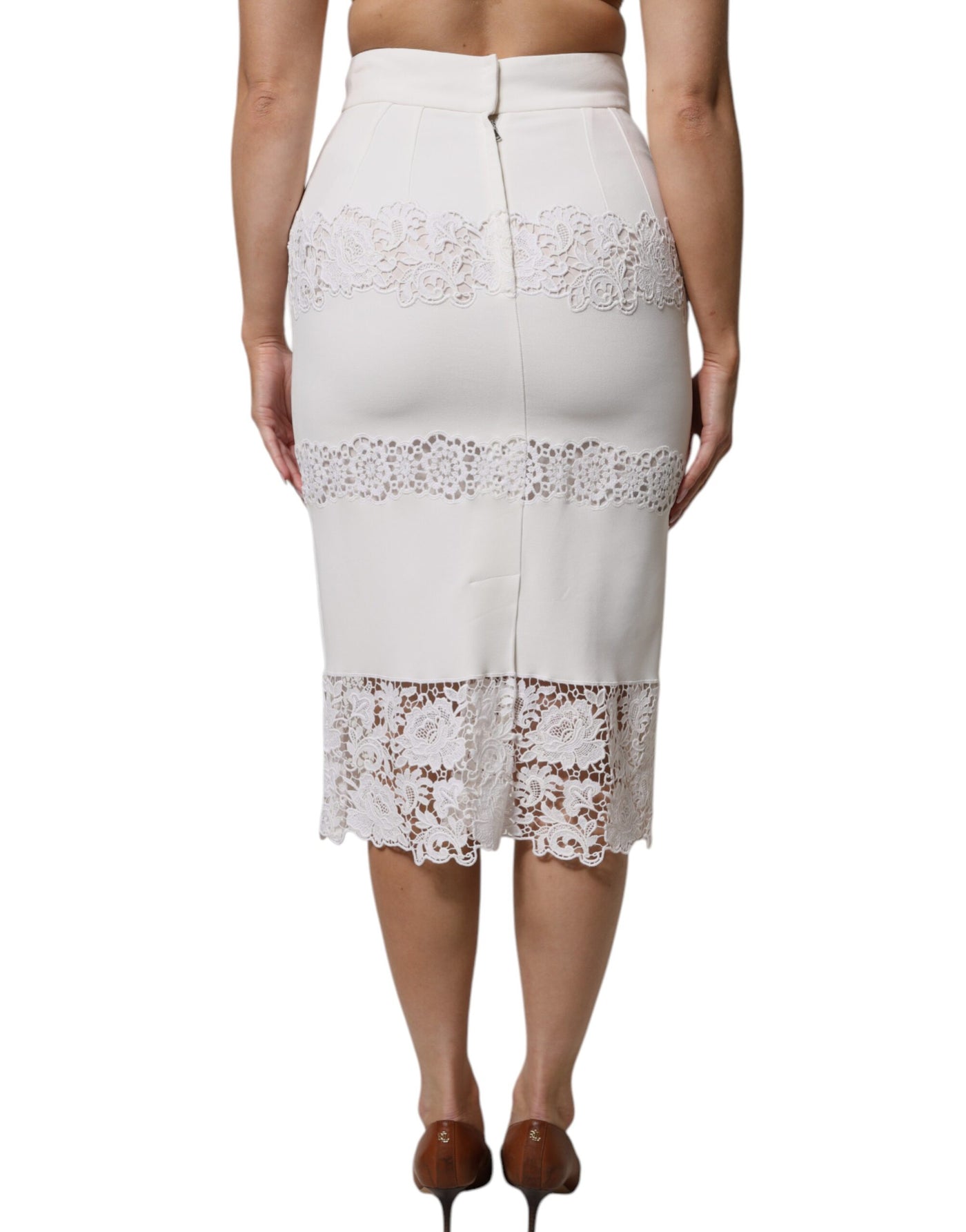 Dolce & Gabbana Weißer Bleistiftrock mit floraler Spitze und hoher Taille