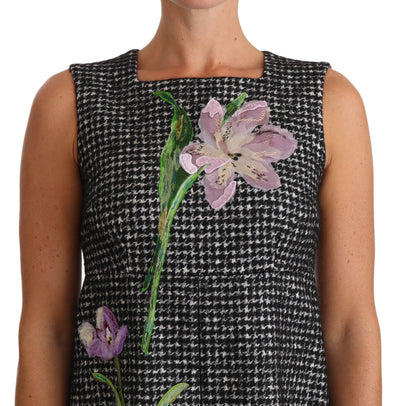 Dolce & Gabbana Graues Hahnentritt-Mini-Kleid mit Blumenapplikationen