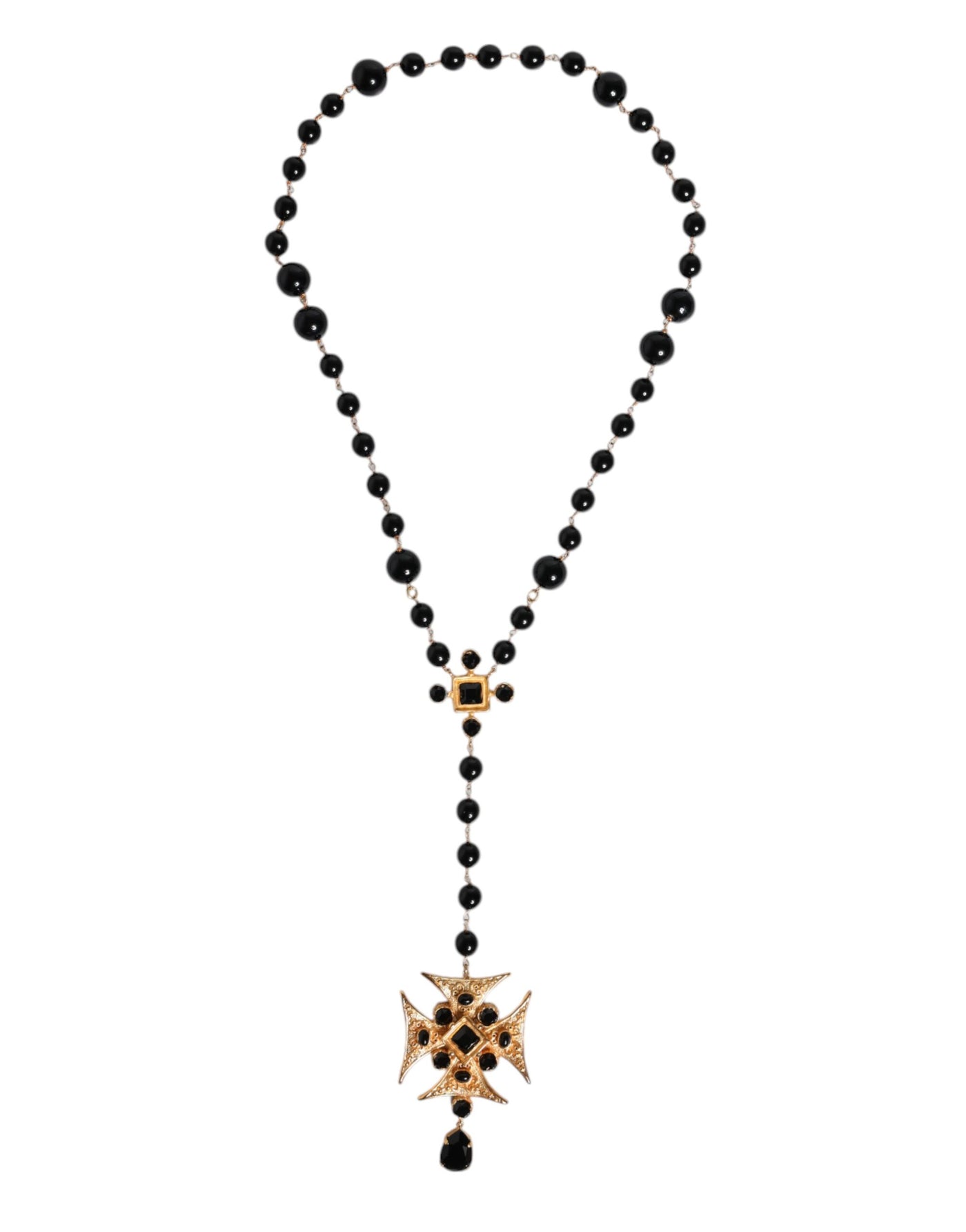 Dolce & Gabbana Gold Tone Messing Kreuz schwarz Perlen Kette Rosenkranz Halskette
