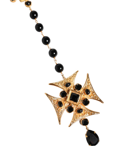 Dolce & Gabbana Gold Tone Messing Kreuz schwarz Perlen Kette Rosenkranz Halskette