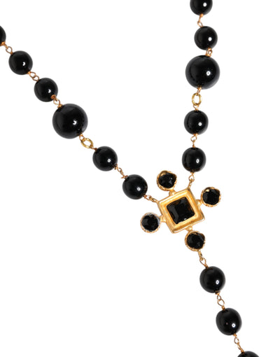 Dolce & Gabbana Gold Tone Messing Kreuz schwarz Perlen Kette Rosenkranz Halskette