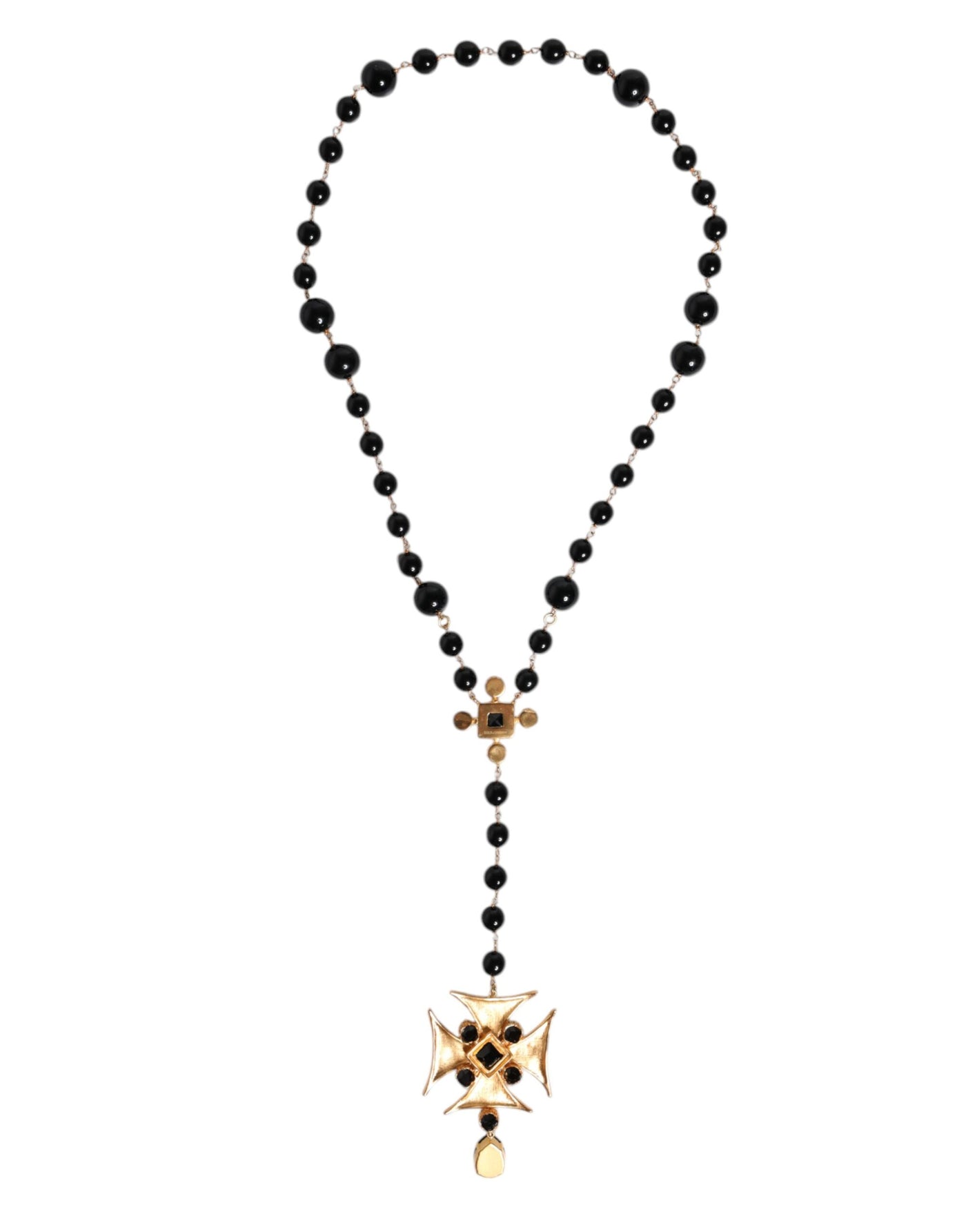 Dolce & Gabbana Gold Tone Messing Kreuz schwarz Perlen Kette Rosenkranz Halskette