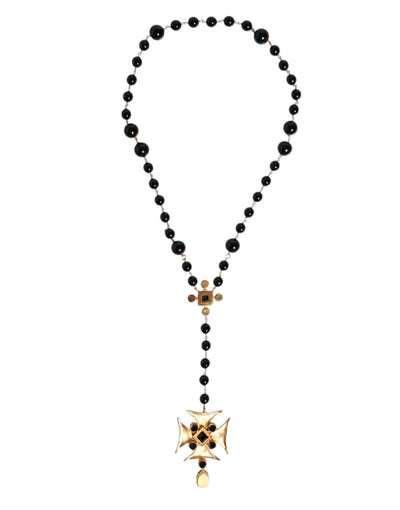 Dolce & Gabbana Gold Tone Messing Kreuz schwarz Perlen Kette Rosenkranz Halskette