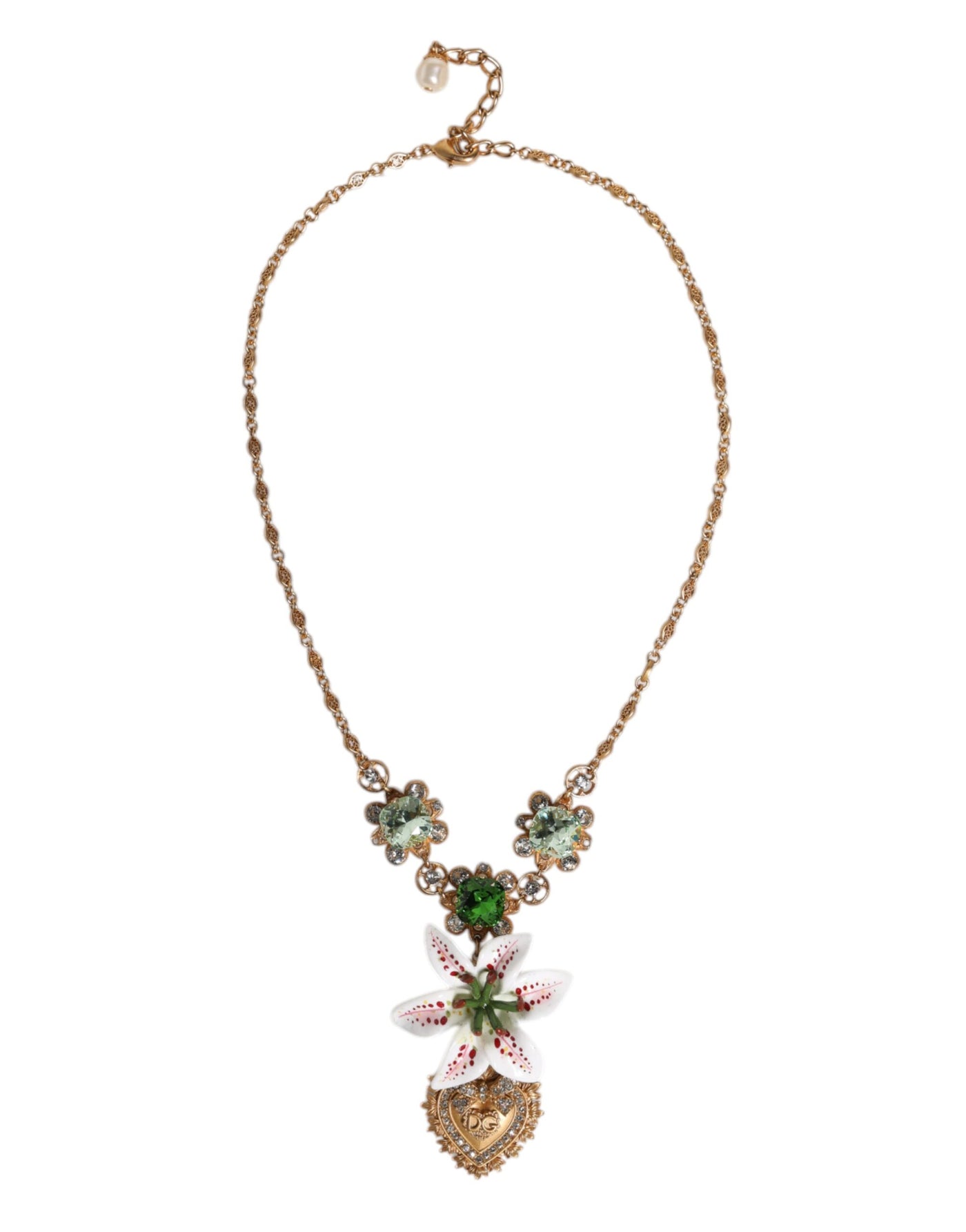 Dolce & Gabbana Gold Messing Lilie Kristall Heiliges Herz Anhänger Halskette