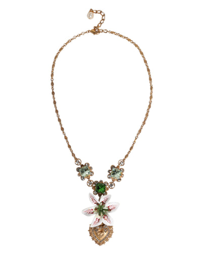Dolce & Gabbana Gold Messing Lilie Kristall Heiliges Herz Anhänger Halskette
