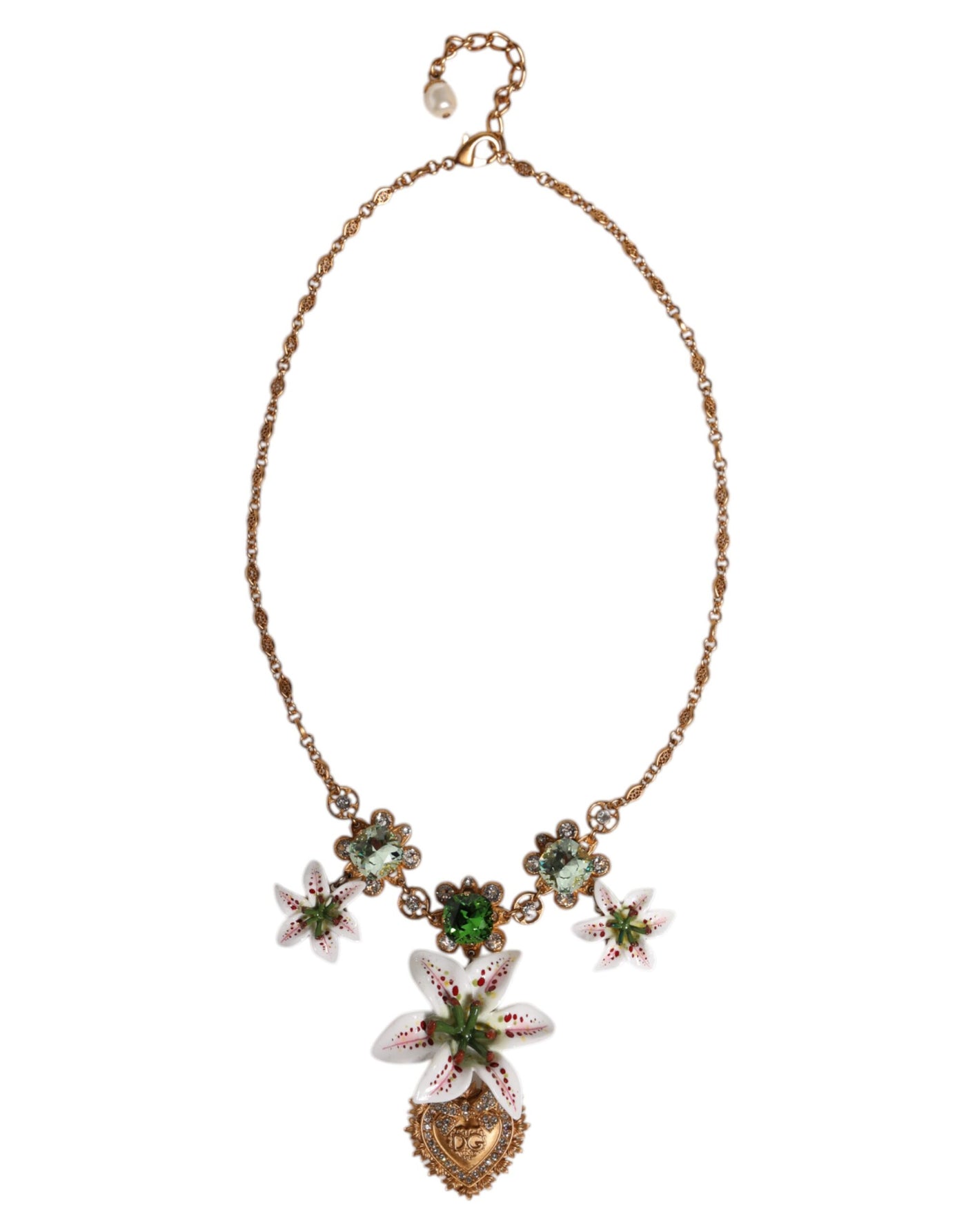 Dolce & Gabbana Gold Messing Lilie Kristall Heiliges Herz Anhänger Halskette