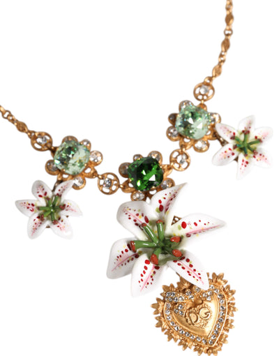Dolce & Gabbana Gold Messing Lilie Kristall Heiliges Herz Anhänger Halskette