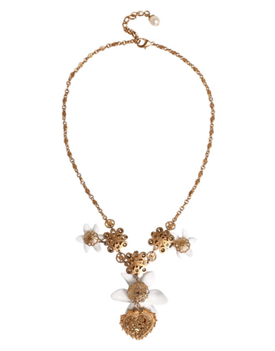 Dolce & Gabbana Gold Messing Lilie Kristall Heiliges Herz Anhänger Halskette