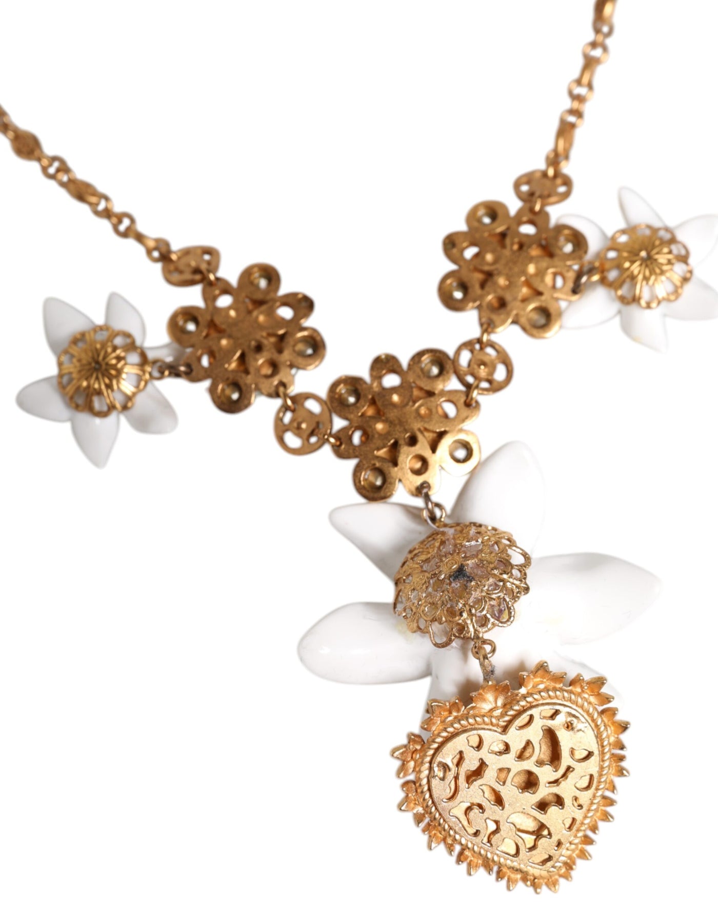 Dolce & Gabbana Gold Messing Lilie Kristall Heiliges Herz Anhänger Halskette