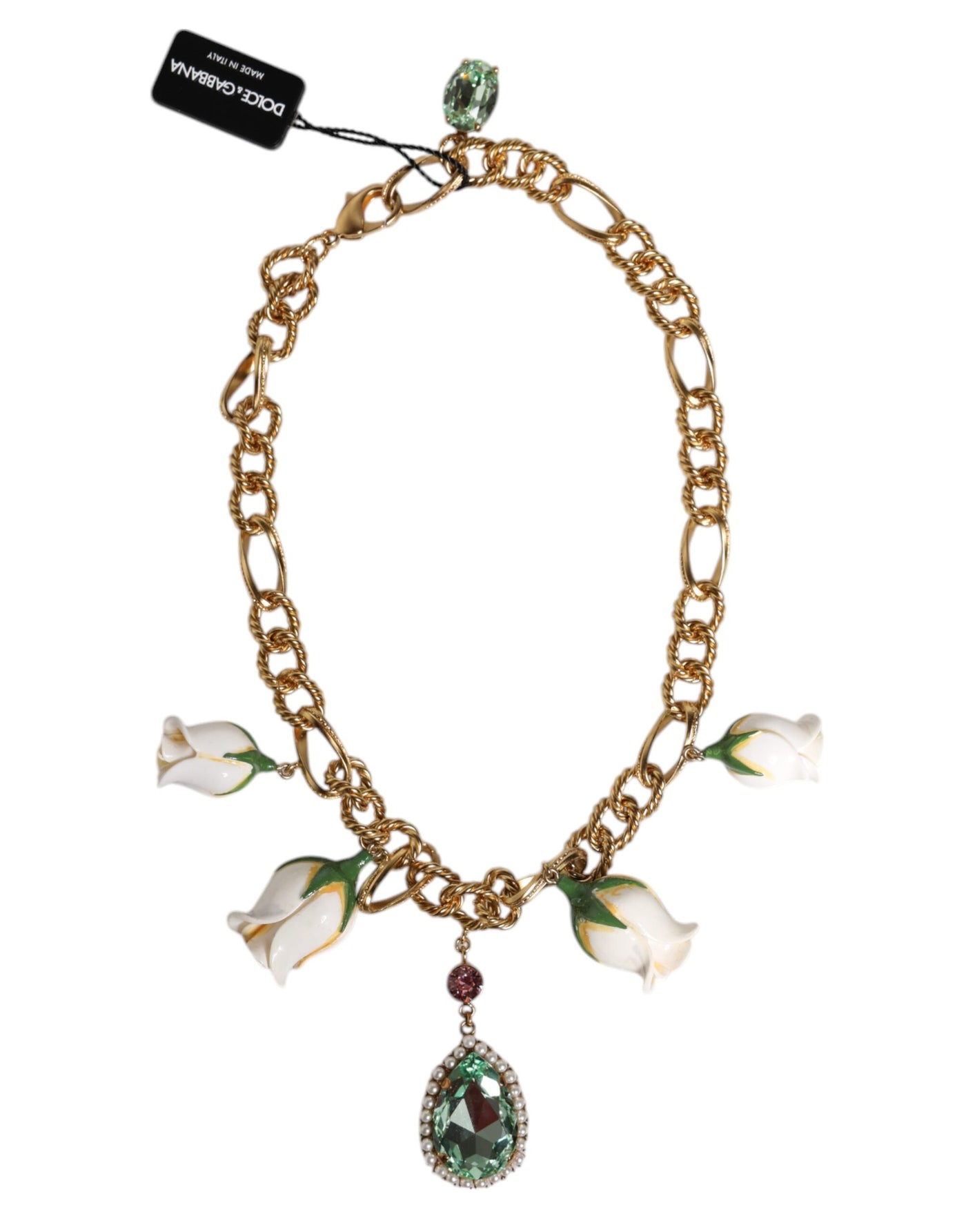 Dolce & Gabbana Gold Messing kurze Kette Blume Kristall Anhänger Halskette