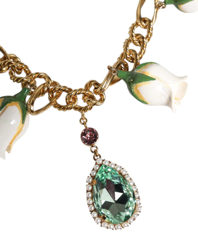Dolce & Gabbana Gold Messing kurze Kette Blume Kristall Anhänger Halskette