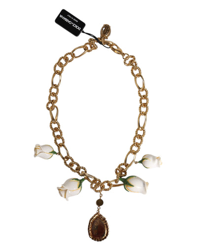 Dolce & Gabbana Gold Messing kurze Kette Blume Kristall Anhänger Halskette