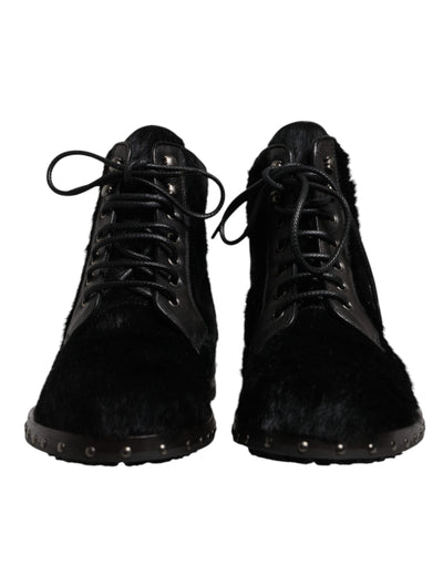 Dolce & Gabbana Schwarze Pony Style Leder Mid Calf Stiefel Schuhe