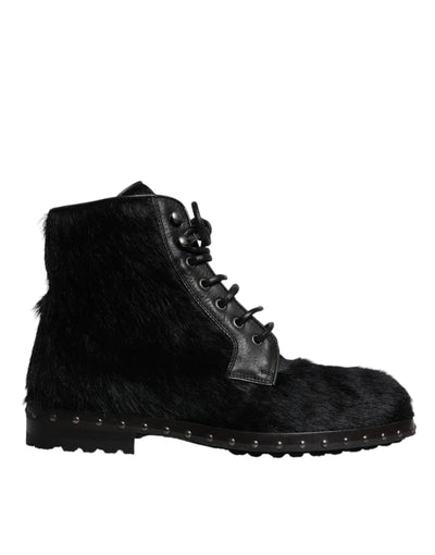Dolce & Gabbana Schwarze Pony Style Leder Mid Calf Stiefel Schuhe