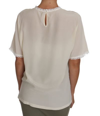 Dolce & Gabbana Weißes cremefarbenes Seiden-Spitzen-Top Bluse T-Shirt