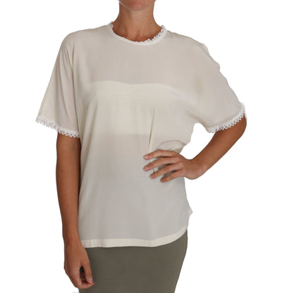Dolce & Gabbana Weißes cremefarbenes Seiden-Spitzen-Top Bluse T-Shirt