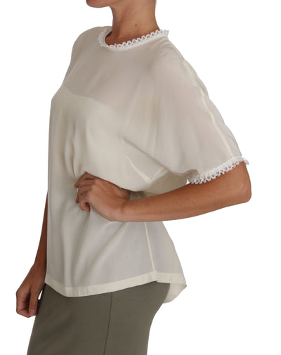 Dolce & Gabbana Weißes cremefarbenes Seiden-Spitzen-Top Bluse T-Shirt