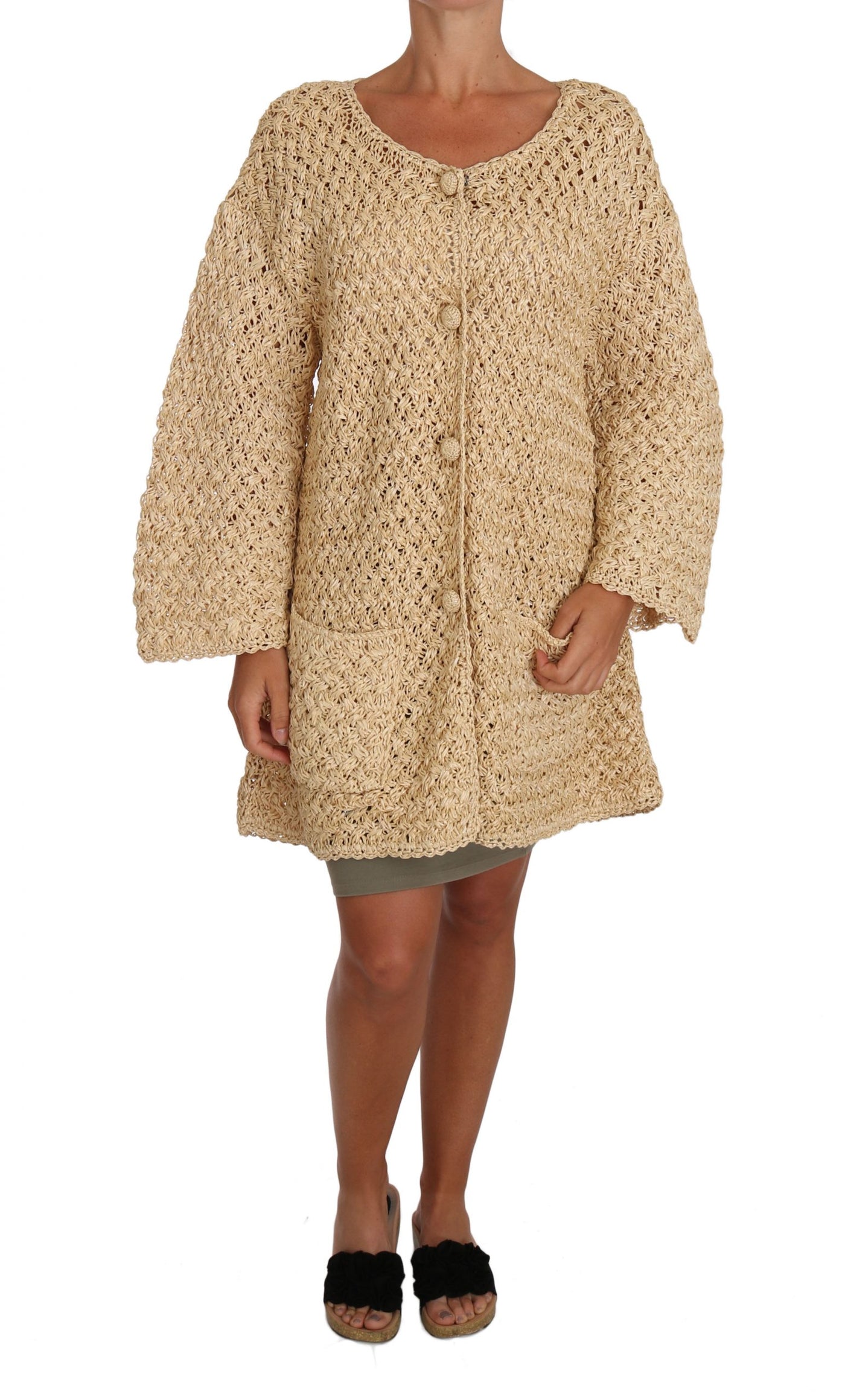 Dolce & Gabbana Beige Strickjacke gehäkelt gestrickt Raffia Pullover