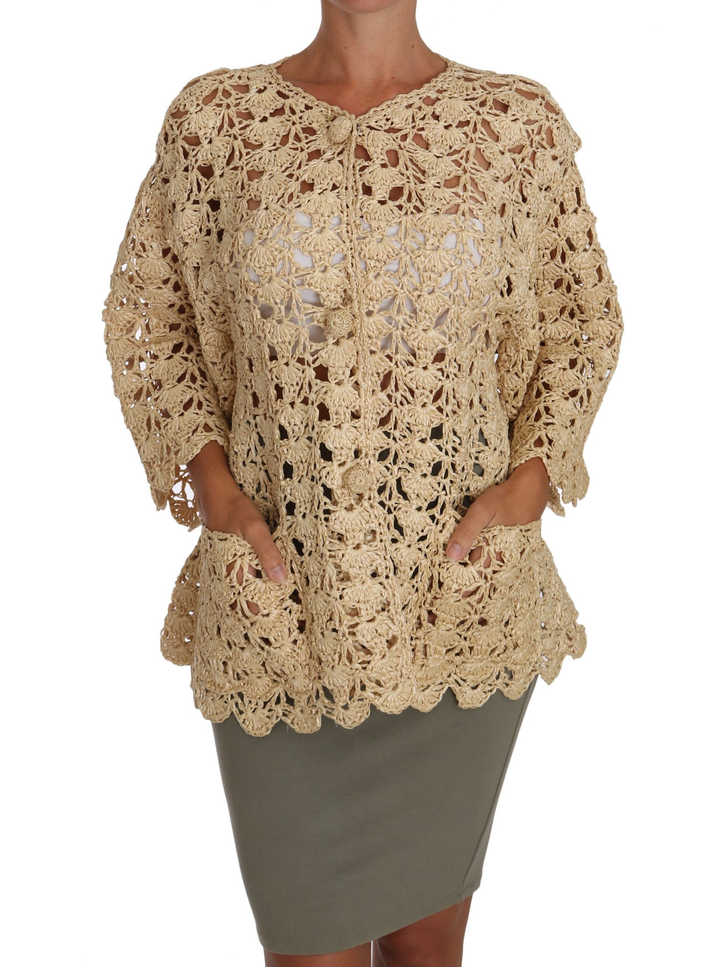 Dolce & Gabbana Beige Strickjacke gehäkelt gestrickt Raffia Pullover