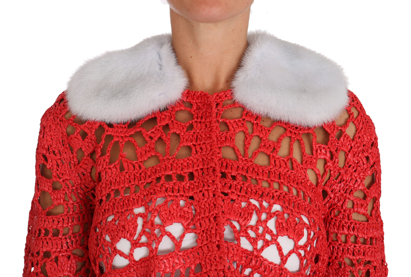 Dolce & Gabbana Rote Strickjacke gehäkelt gestrickt Raffia Pullover
