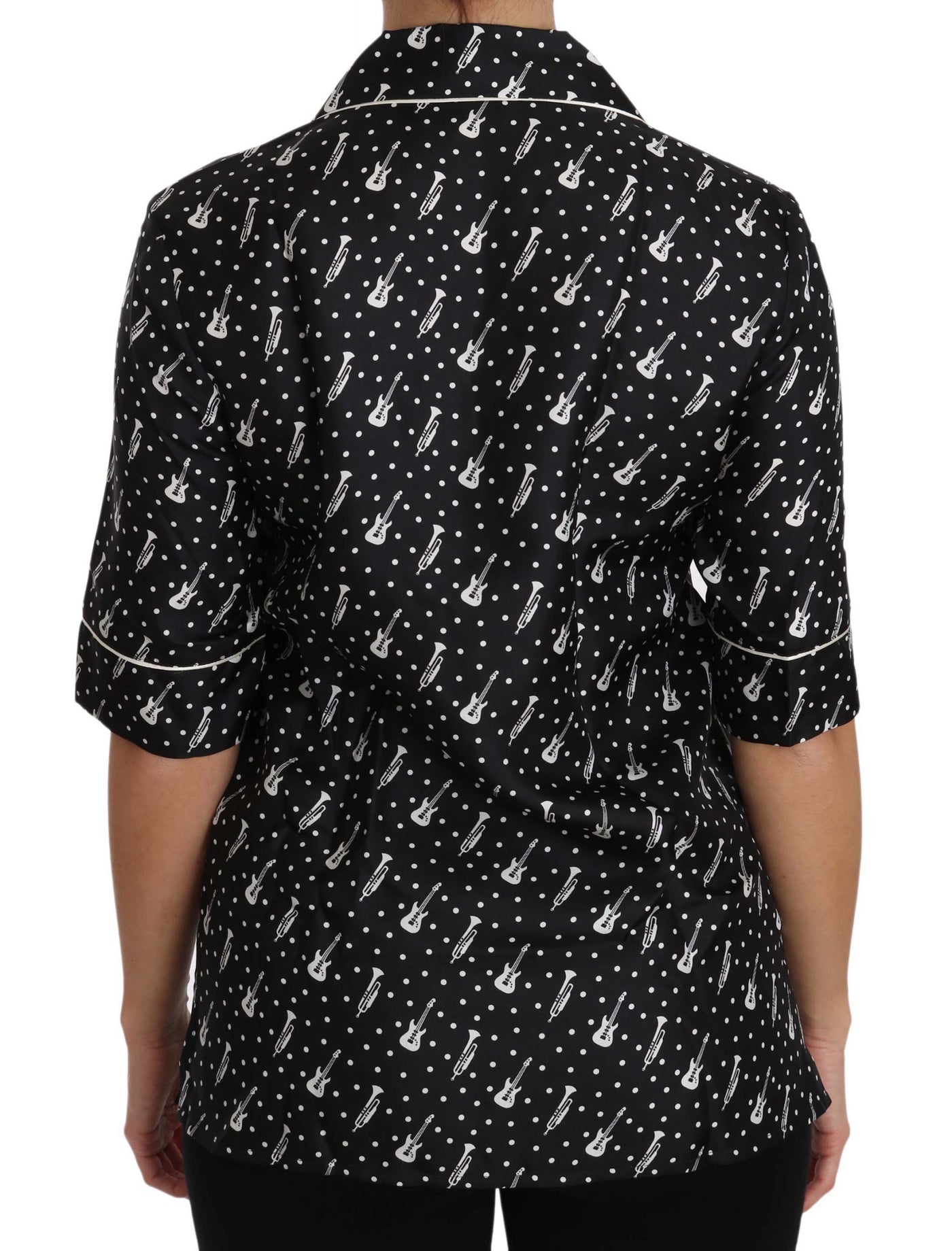Dolce & Gabbana Schwarzes Seidenhemd mit Gitarren-Trompetendruck