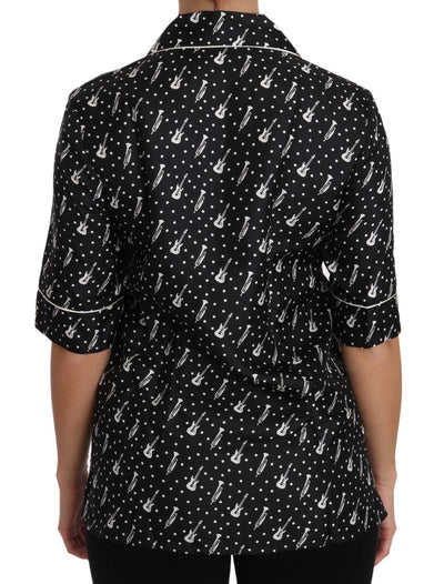 Dolce & Gabbana Schwarzes Seidenhemd mit Gitarren-Trompetendruck
