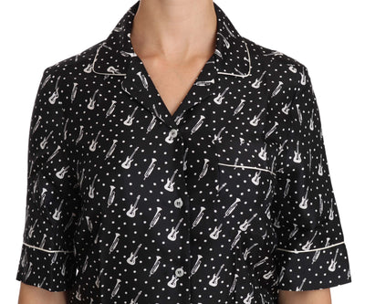 Dolce & Gabbana Schwarzes Seidenhemd mit Gitarren-Trompetendruck