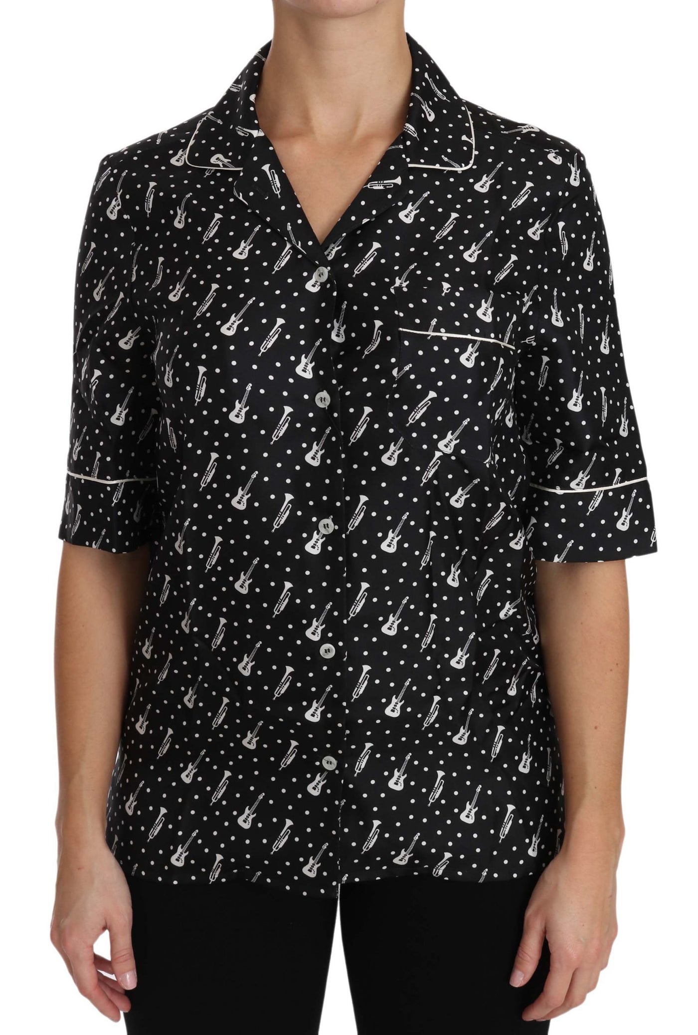 Dolce & Gabbana Schwarzes Seidenhemd mit Gitarren-Trompetendruck