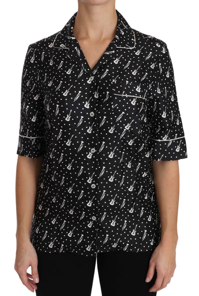 Dolce & Gabbana Schwarzes Seidenhemd mit Gitarren-Trompetendruck