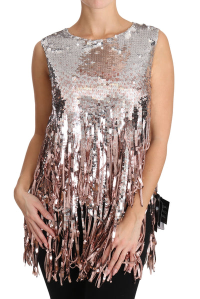 Dolce & Gabbana Goldenes rosa Pailletten-Fransen-Tanktop