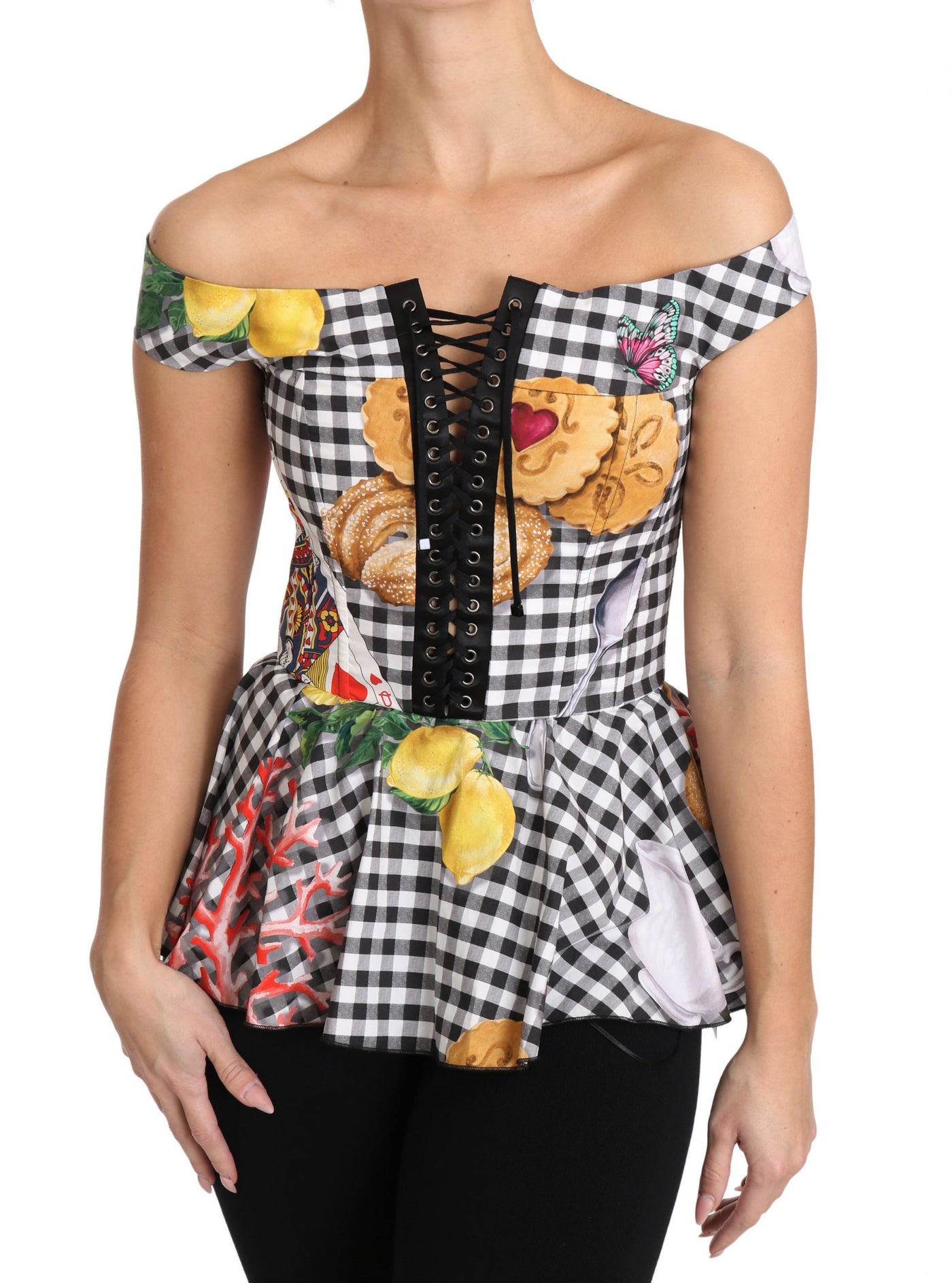 Dolce & Gabbana Schwarz-weiße Korsettbluse Sicily Lemon Check Top