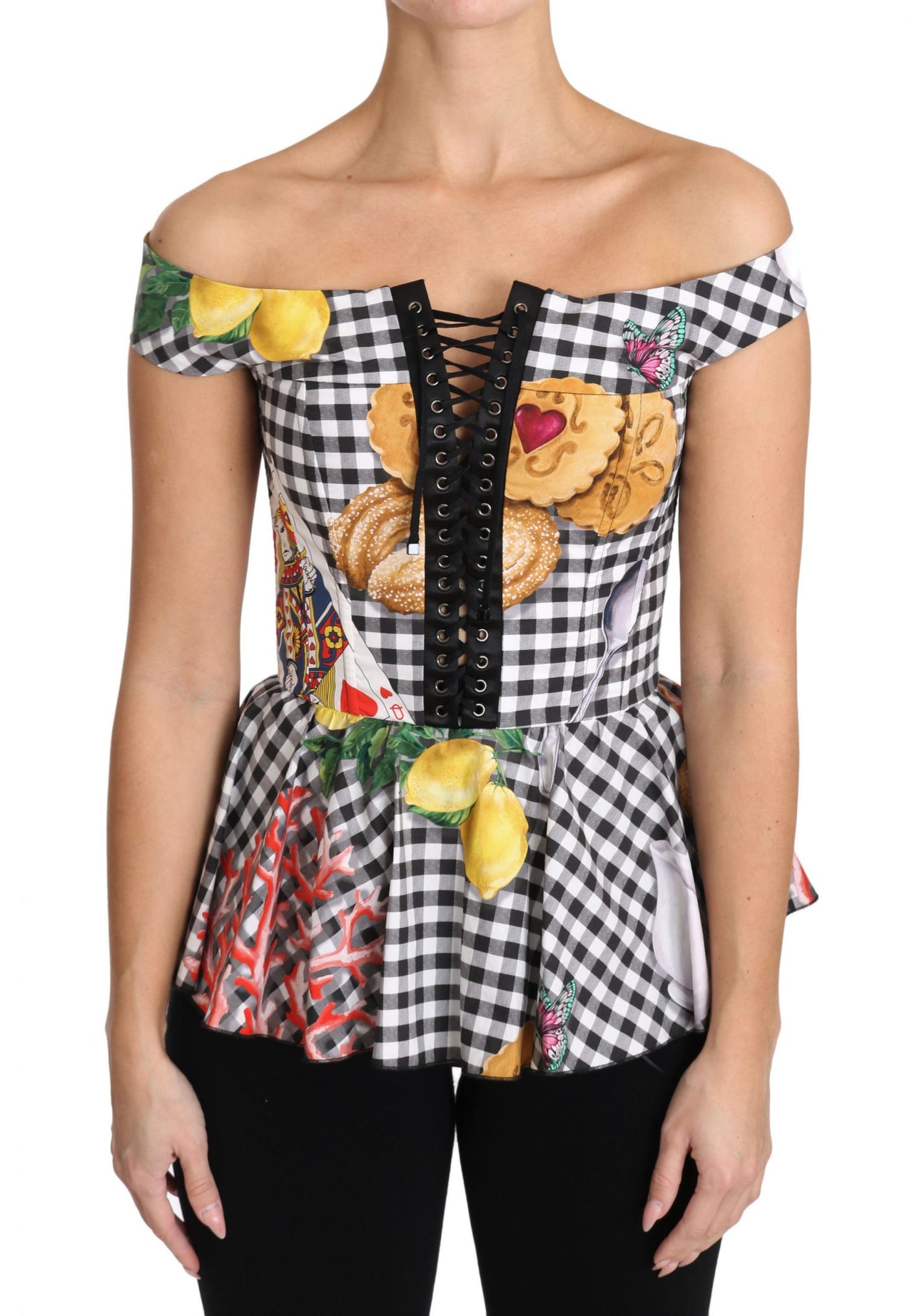 Dolce & Gabbana Schwarz-weiße Korsettbluse Sicily Lemon Check Top