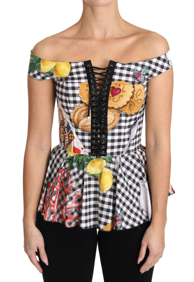 Dolce & Gabbana Schwarz-weiße Korsettbluse Sicily Lemon Check Top