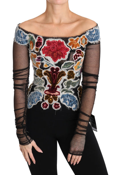 Dolce & Gabbana Schwarzes geblümtes Ricamo-Top T-Shirt Bluse