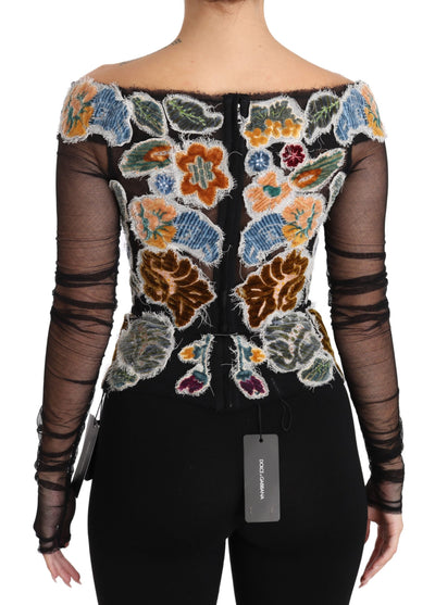 Dolce & Gabbana Schwarzes geblümtes Ricamo-Top T-Shirt Bluse