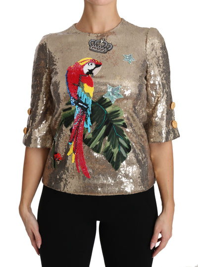 Dolce & Gabbana Goldfarbene Pailletten-Papageien-Kristallbluse