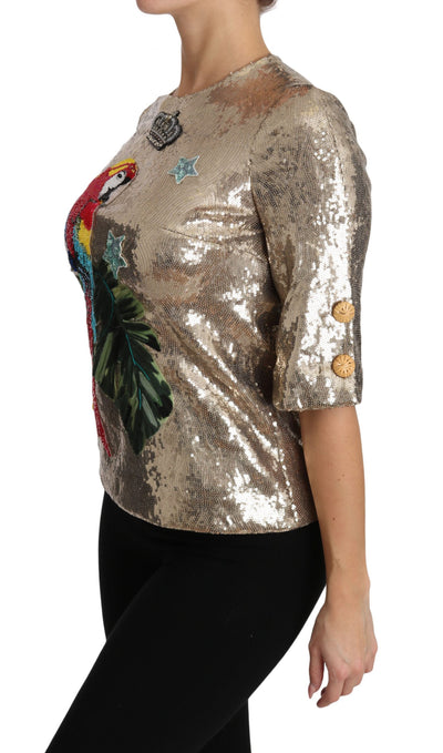 Dolce & Gabbana Goldfarbene Pailletten-Papageien-Kristallbluse