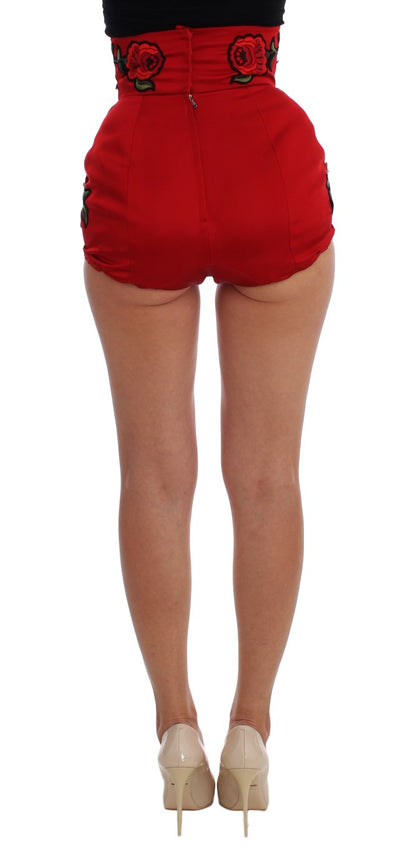 Dolce & Gabbana Rote Seidenkristallrosen Shorts