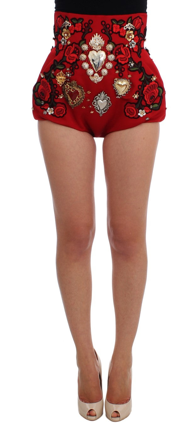 Dolce & Gabbana Rote Seidenkristallrosen Shorts