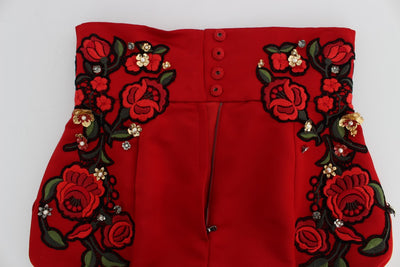 Dolce & Gabbana Rote Seidenkristallrosen Shorts
