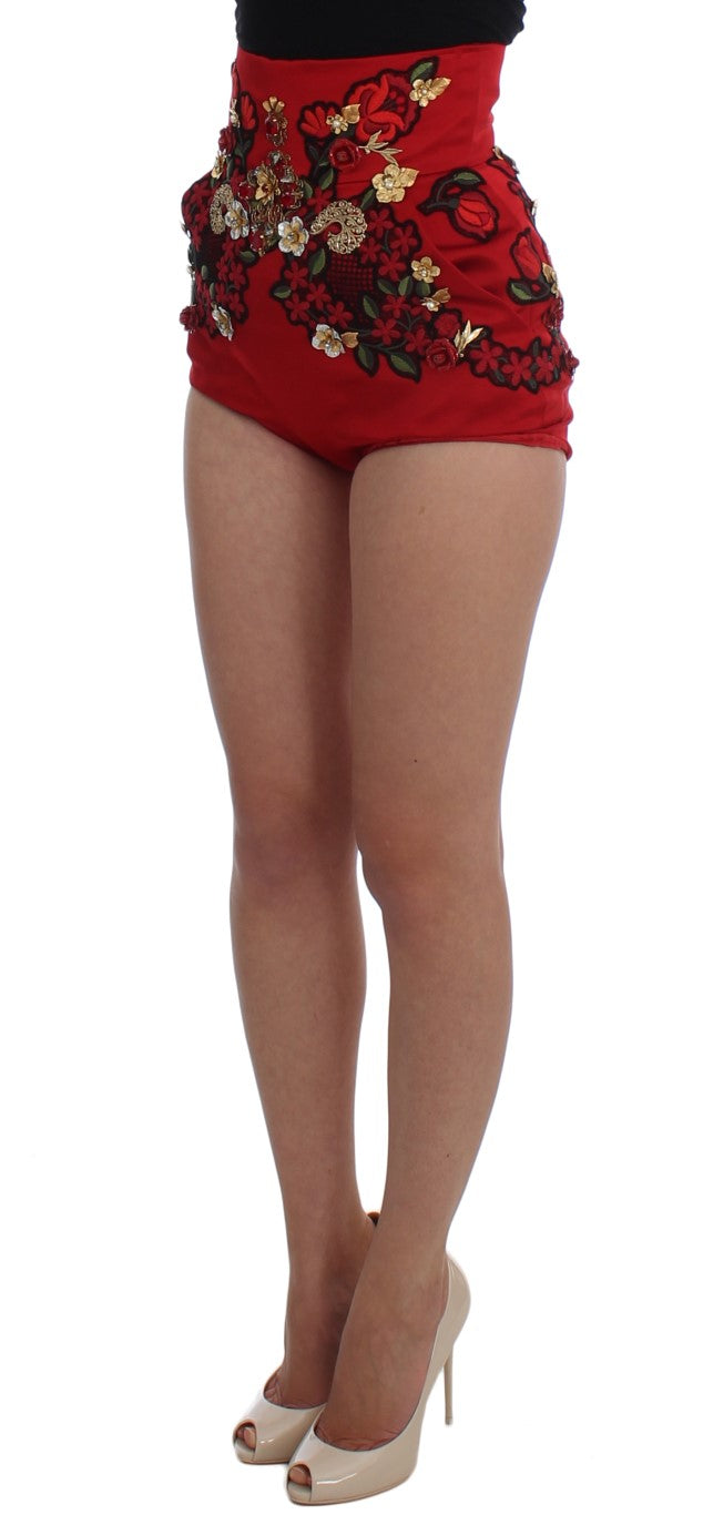 Dolce & Gabbana Rote Seidenkristallrosen Shorts