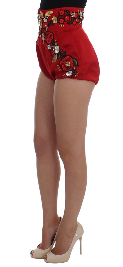 Dolce & Gabbana Rote Seidenkristallrosen Shorts