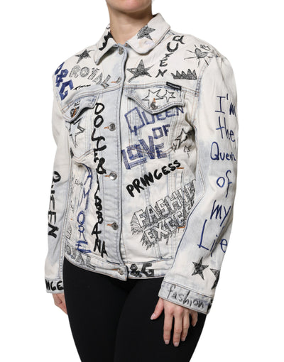 Dolce & Gabbana Hellblaue Graffiti-Denimjacke mit Knopfleiste