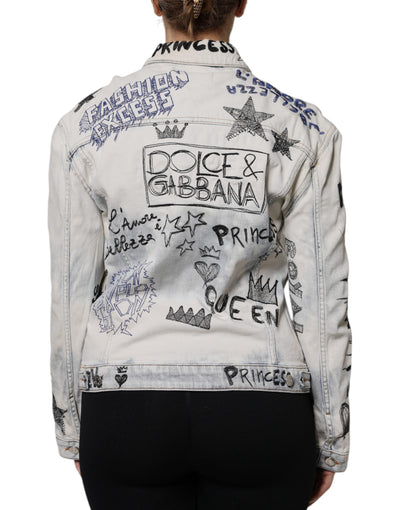 Dolce & Gabbana Hellblaue Graffiti-Denimjacke mit Knopfleiste
