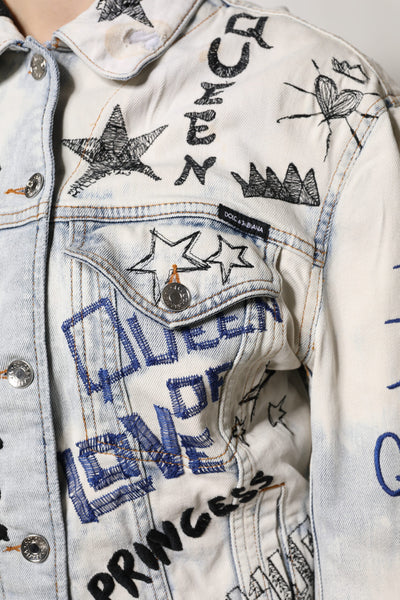 Dolce & Gabbana Hellblaue Graffiti-Denimjacke mit Knopfleiste