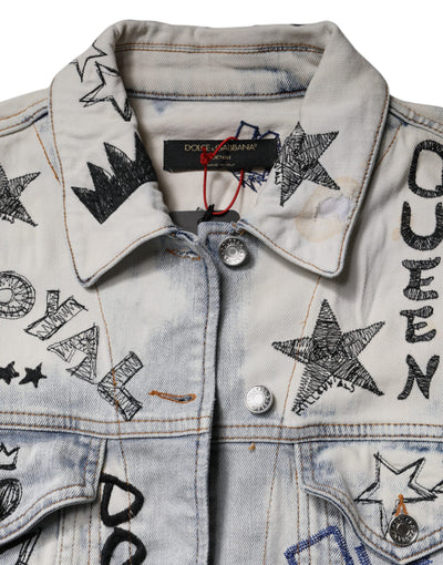 Dolce & Gabbana Hellblaue Graffiti-Denimjacke mit Knopfleiste